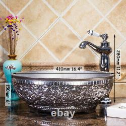 16 Silver Ceramic Bathroom Basin Vessel Sink Mixer Faucet Tap Pop-up Drain Set