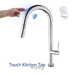 18 Kitchen Sink Mixer Touch Free Hand Sensor Pull Out Faucets Chrome Deck Mount