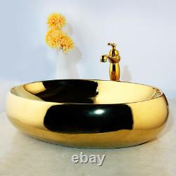 19 Oval Gold Ceramic Lavatory Vessel Sinks Basin Bowl Mixer Faucet Pop Drain