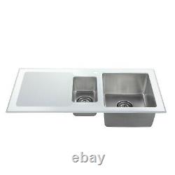 1.5 Bowl Reversible White Glass Stainless Steel Kitchen Sink 1000 x 500mm LHD