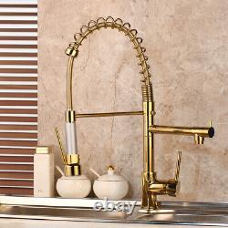 2 Outlet Golden Kitchen Faucet Sink Pull Down Swivel Mixer Taps Brass Deck Mount
