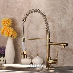 360° Swivel Deck Mount Gold Kitchen Sink Pull Out Spray Mixer Brass Faucet Tap