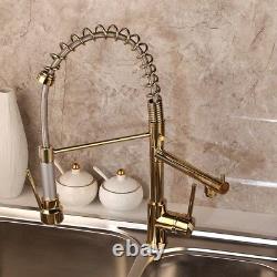 360° Swivel Deck Mount Gold Kitchen Sink Pull Out Spray Mixer Brass Faucet Tap