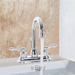 4 Chrome Bathroom Sink Faucet 2 Handles Mixer Tap Pop Up Drain Lavatory 3 Hole