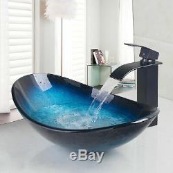 Art Blue Tempered Glass Bathroom Oval Basin Vessel Sinks Black Mixer Faucet Set