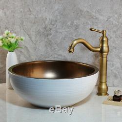 Art Ceramic Wash Basin Round Vessel Sink+Waste Drain+Mixer Faucet Set