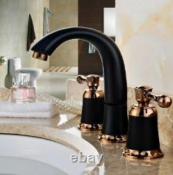 Bath Brass Rose Gold +Black Sink 3 Hole Two Handles Widespread Faucet Mixer Tap