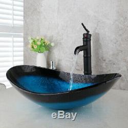 Bathroom Black Bamboo Mixer Faucet Tempered Glass Blue Oval Basin Sink Drain Set