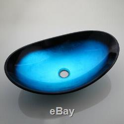 Bathroom Black Bamboo Mixer Faucet Tempered Glass Blue Oval Basin Sink Drain Set