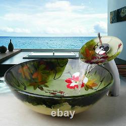 Bathroom Colorful Tempered Glass Vessel Sink Basin Bowl Mixer Faucet Combo