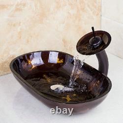 Bathroom Counter Top Tempered Glass Vessel Sink Mixer Glass Faucet Brown Bowl