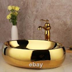 Bathroom Gold Vessel Sink Oval Ceramic Wash Bowl Mixer Faucet Tap Pop Drain Set