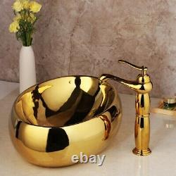 Bathroom Gold Vessel Sink Oval Ceramic Wash Bowl Mixer Faucet Tap Pop Drain Set