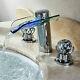Bathroom LED Lighted Waterfall Sink Faucet Tap with Crystal Handles Widespread