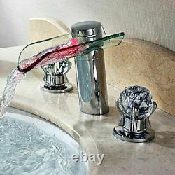 Bathroom LED Lighted Waterfall Sink Faucet Tap with Crystal Handles Widespread