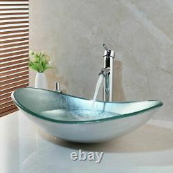 Bathroom Mixer Chrome Faucet Silver Oval Tempered Glass Basin Vessel Sink Drain