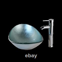 Bathroom Mixer Chrome Faucet Silver Oval Tempered Glass Basin Vessel Sink Drain