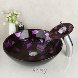 Bathroom Tempered Glass Vessel Sink Basin Bowl Mixer Chrome Faucet +Pop Up Drain