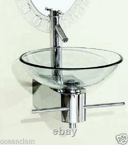 Bathroom Wall mounted CLEAR round glass basin sink wash bowl+ STAND + TAP