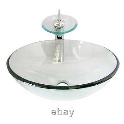 Bathroom glass basin sink with matching round Brass mixer Waterfall Monobloc tap