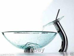 Bathroom glass basin sink with matching round Brass mixer Waterfall Monobloc tap