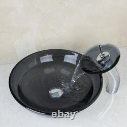 Black Glass Basin Sink With Matching Round Glass Waterfall Tap Bathroom Luxury
