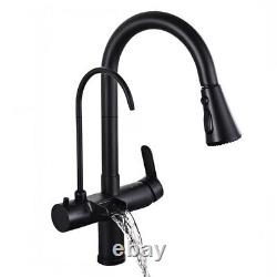 Black Kitchen Faucet Swivel Dual Handles Sink Pull Out Sprayer Tap Pure Water