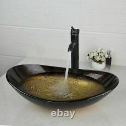 Black Oval Tempered Glass Bathroom Basin Combo Vessel Sinks Mixer Faucet Drain