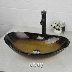 Black Oval Tempered Glass Bathroom Basin Combo Vessel Sinks Mixer Faucet Drain