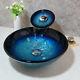 Blue Carved Temperd Glass Bathroom Basin Bowl Vessel Sink Waterfall Mixer Taps