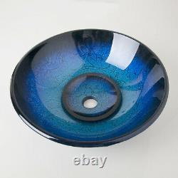 Blue Carved Temperd Glass Bathroom Basin Bowl Vessel Sink Waterfall Mixer Taps