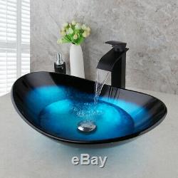 Blue Oval Bathroom Glass Basin Sinks Bowl Matte Black Mixer Faucet Pop Drain Set
