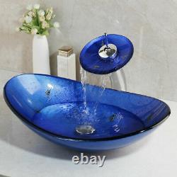 Blue Oval Bathroom Glass Basin Vessel Sink Combo Waterfall Mixer Tap Faucet Set