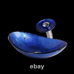 Blue Oval Bathroom Glass Basin Vessel Sink Combo Waterfall Mixer Tap Faucet Set