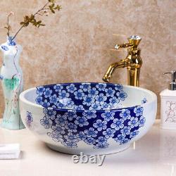 Blue&White Painting Ceramic Basin Sink Counter Lavatory Gold Mixer Faucet Set