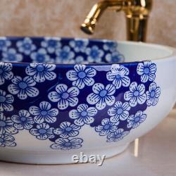 Blue&White Painting Ceramic Basin Sink Counter Lavatory Gold Mixer Faucet Set