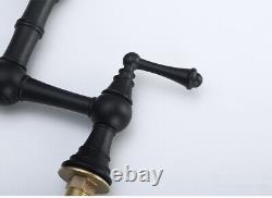Brass Bridge Faucet Kitchen Sink Black with Two Lever Handles 2 Holes Mixer Tap