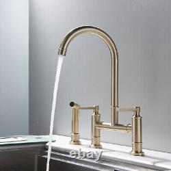 Brass Bridge Kitchen Faucet Vessel Sink Mixer Tap Dual Handle Spout Brushed Gold