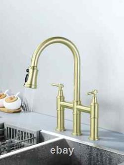 Brass Dual Handle Bridge Kitchen Faucet Brushed Gold Sink Mixer Pull-Out Tap