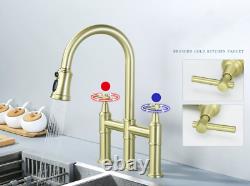 Brass Dual Handle Bridge Kitchen Faucet Brushed Gold Sink Mixer Pull-Out Tap