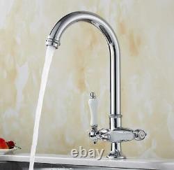 Brass Kitchen Sink Faucet Mixer Swivel Spout Double Handles Tap Bathroom Chrome