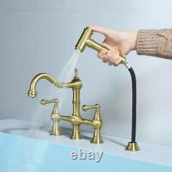 Brass Kitchen Sink Mixer Tap Brushed Gold Bridge Faucet With Side Sprayer Head