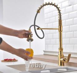 Brass Kitchen Sink Tap Mixer Spring Pull Out Sprayer Swivel Faucet Gold Polished