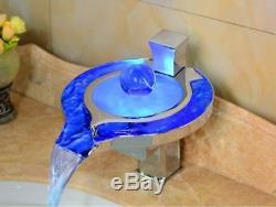 Brass LED Spout Bathroom Basin Faucet Waterfall Spout Vanity Sink Mixer Tap NEW