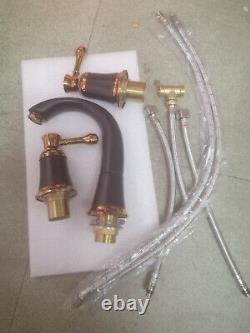 Brass Rose Gold +Black Sink 3 Hole Two Handles Widespread Faucet Mixer Tap