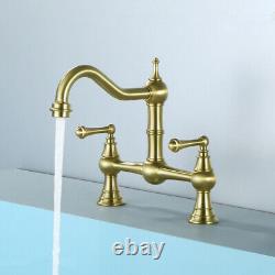 Brushed Gold Brass Bridge Faucet Kitchen Faucet Mixer Taps Two Handles 2 Holes