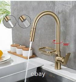 Brushed Gold Brass Pull Out Kitchen Faucet Sink Kitchen Mixer Tap withBasket Shelf