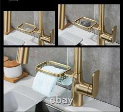 Brushed Gold Brass Pull Out Kitchen Faucet Sink Kitchen Mixer Tap withBasket Shelf