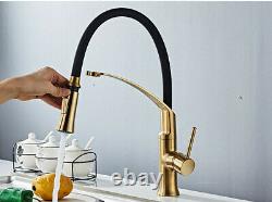 Brushed Gold Kitchen Faucet Pull Out Sink Black Leather Tap Single Handle Mixer