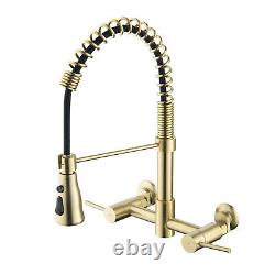 Brushed Gold Kitchen Sink Faucet Double Handles Wall Mounted Mixer Tap SUS304